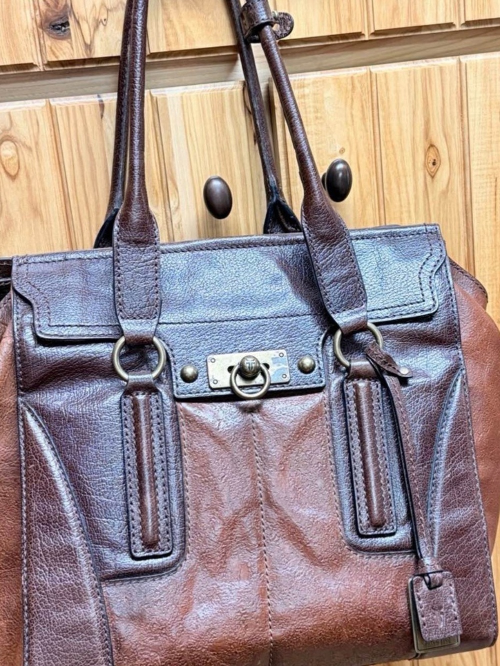 Women's Brown Frye Leather Shoulder Bag with Brass Ring Accent